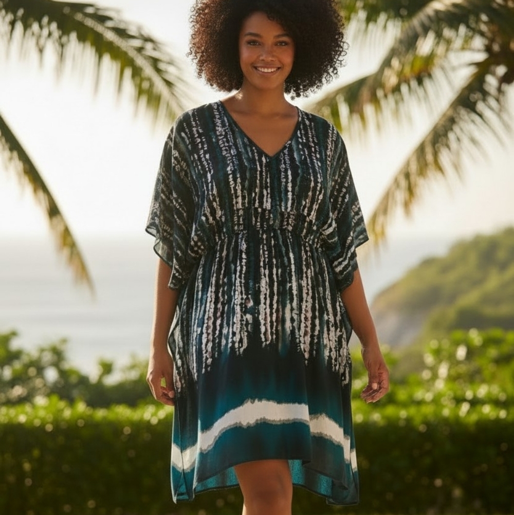 SHE'S COOL | Watercolor Jewel Tone V-Neck Tunic Dress Stretch Dark‎ Fairy | S